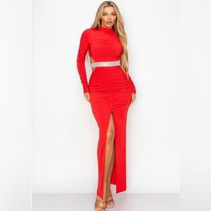 Red Maxi Pencil Skirt with Ruched Slit